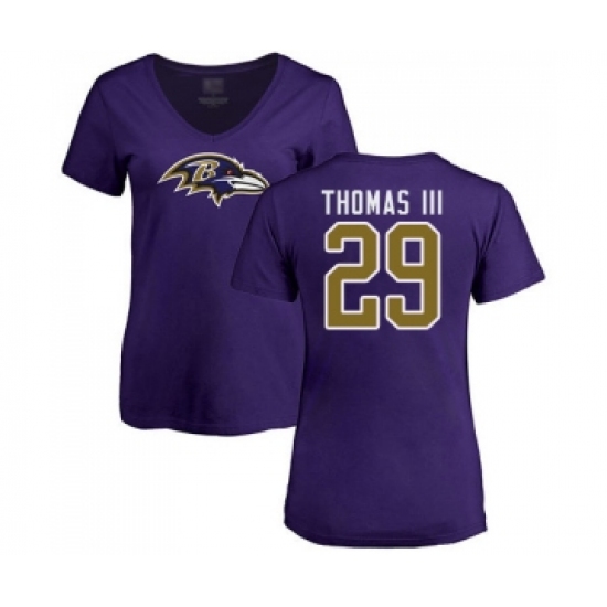 Football Women's Baltimore Ravens #29 Earl Thomas III Purple Name & Number Logo T-Shirt