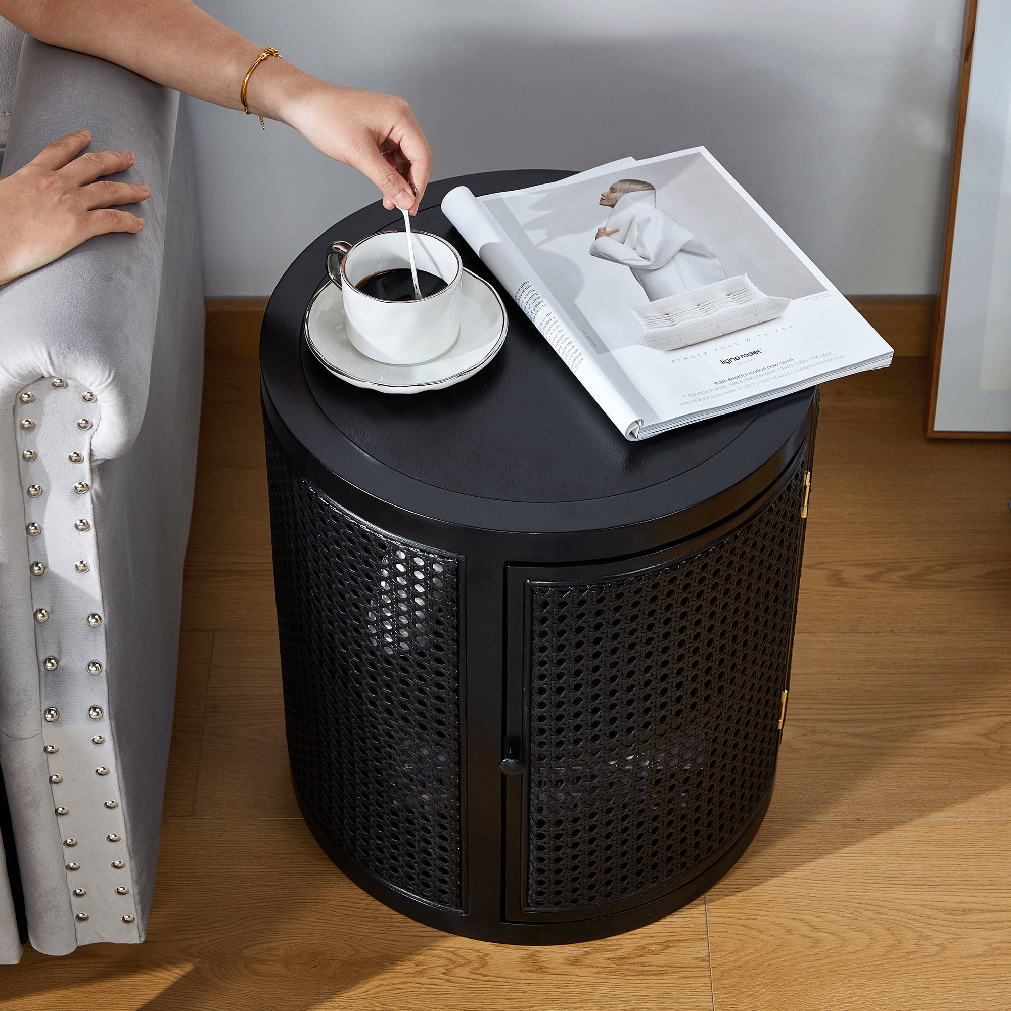 Giratree 15 Diameter Round End Table with Double Storage Cabinet Rattan Door for Living Room Small Space, Black