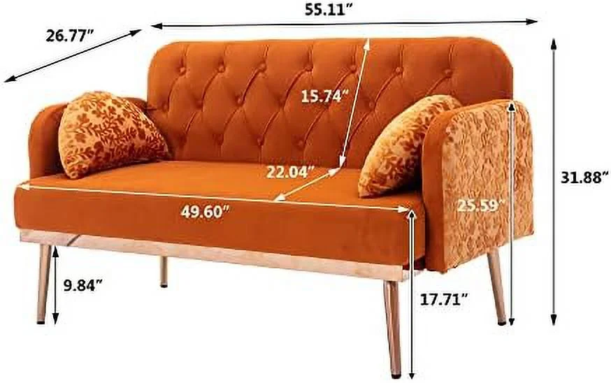 MQLIFEBOOM 55" Small Velvet Couch with Elegant  Shape Pillows  Twin Size Loveseat Accent Sofa with Golden Metal Legs  Living Room Sofa with Tufted Backrest  600 Pounds Weight Capacity - Curated Treasures Market