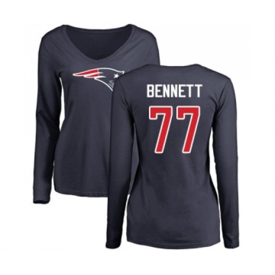 Football Women's New England Patriots #77 Michael Bennett Navy Blue Name & Number Logo Slim Fit Long Sleeve T-Shirt