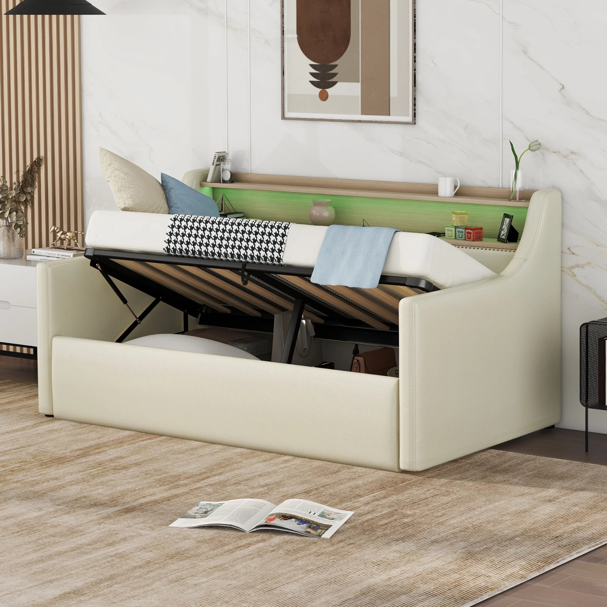ONME Twin Size Daybed with Hydraulic Storage, Upholstered Daybed with Lift Up Storage, Twin Leather Daybed with Charging Station and LED Lights, Beige - Curated Treasures Market