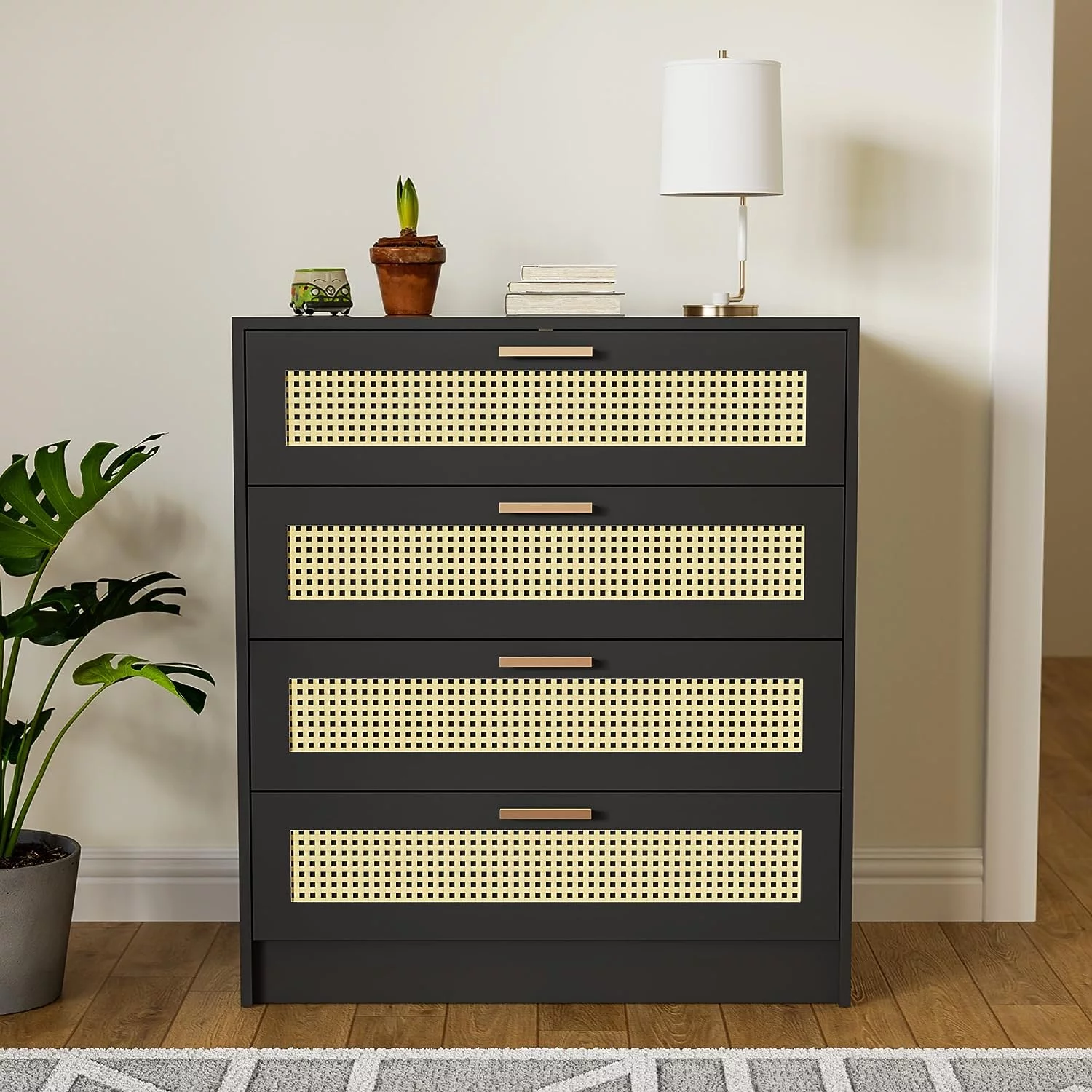 Cozy Castle Boho 4 Drawer Dresser, Wooden Chest of Drawers with Metal Handles, Modern Rattan Dresser for Bedroom, White