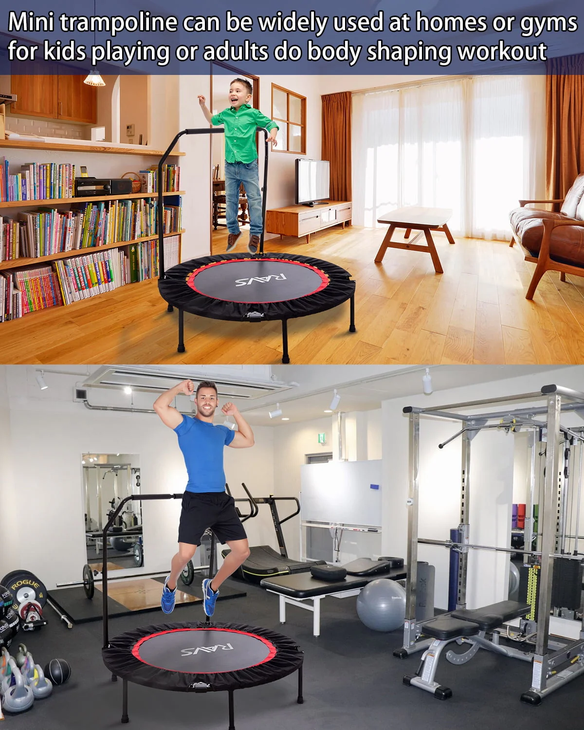 RAVS 48'' Inch Black Foldable Mini Fitness Trampoline Rebounder for Kids and Adults with Handle