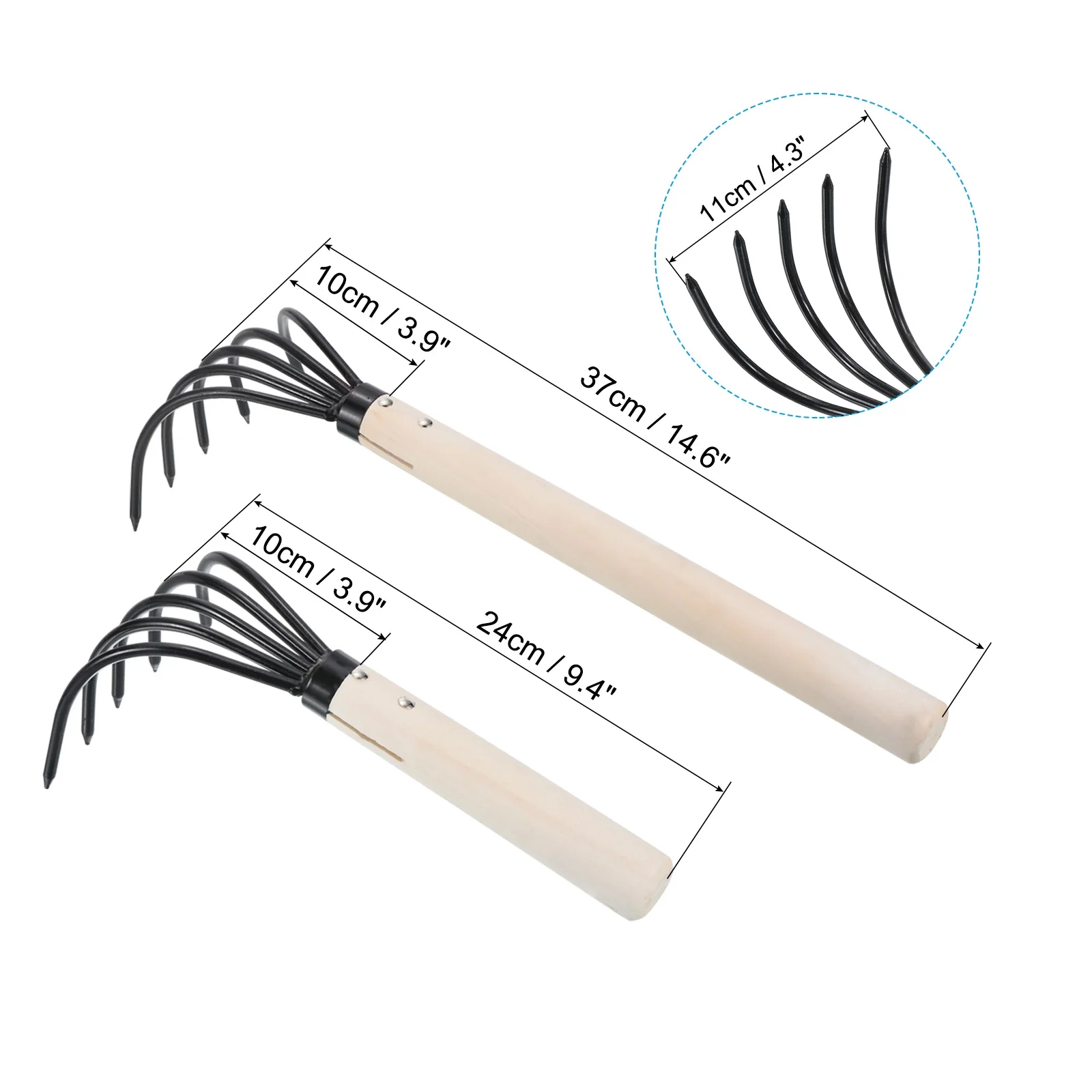 Uxcell 5 Tines Garden Claw Rake Hand Rake Cultivator Claw Soil Tiller with Wooden Handle 1 Set/2 Pieces - Curated Treasures Market