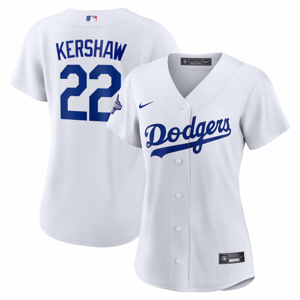 Women's Los Angeles Dodgers Clayton Kershaw Nike White Home 2025 World Series Champions Replica Jersey