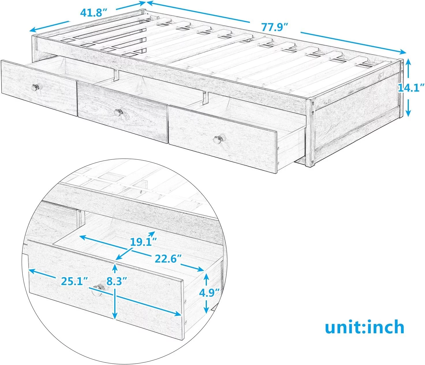 Bed With Drawers. Solid Wood Platform Bed Frame With Storage For Bedroom Living Room. Storage Bed For Girls Boys. Cherry