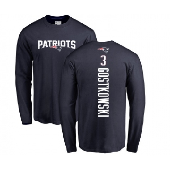 Football New England Patriots #3 Stephen Gostkowski Navy Blue Backer Long Sleeve T-Shirt