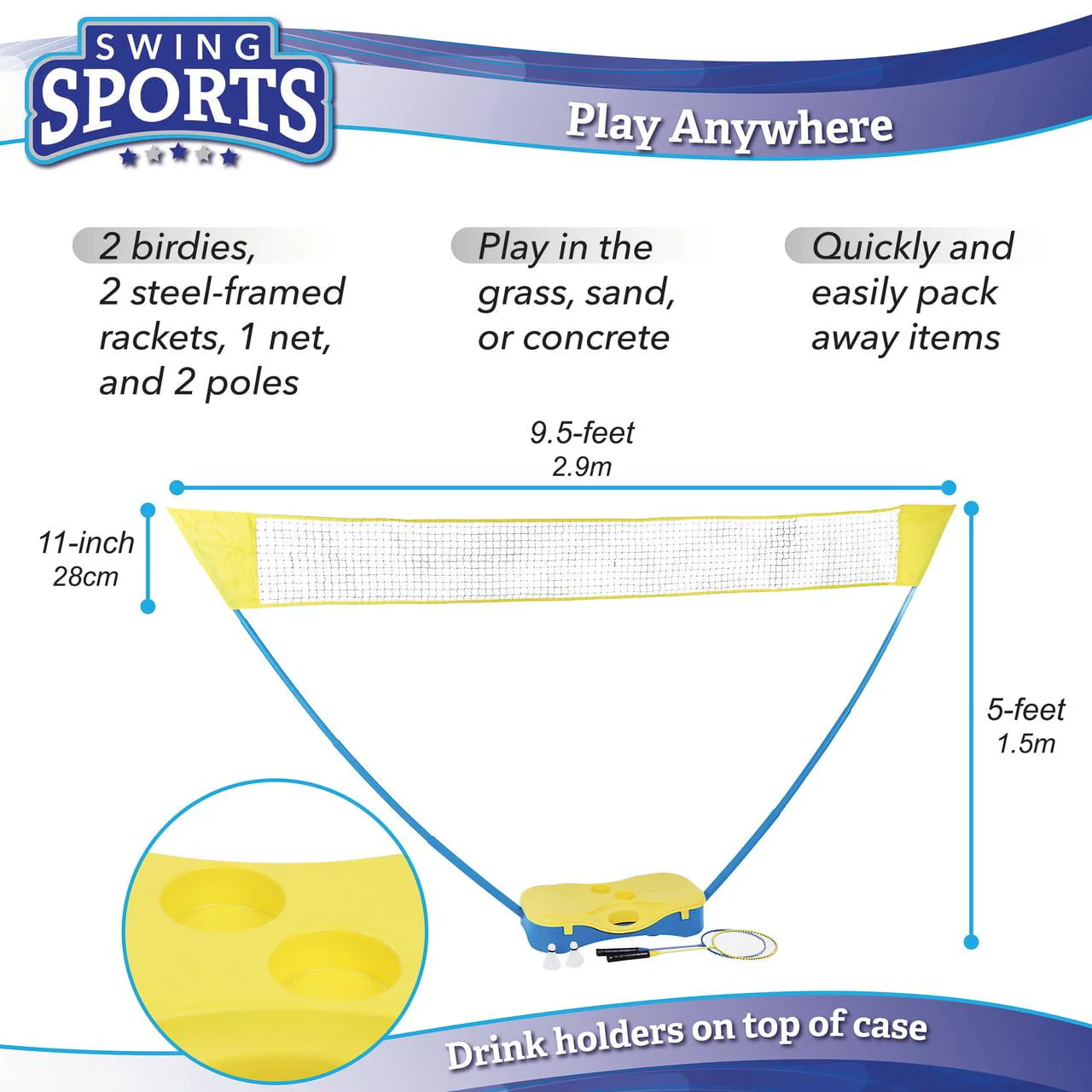 Swing Sports Outdoor Badminton Set - 5ft Standing Net with Birdies and Rackets