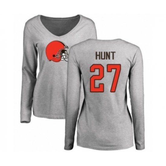 Football Women's Cleveland Browns #27 Kareem Hunt Ash Name & Number Logo Long Sleeve T-Shirt