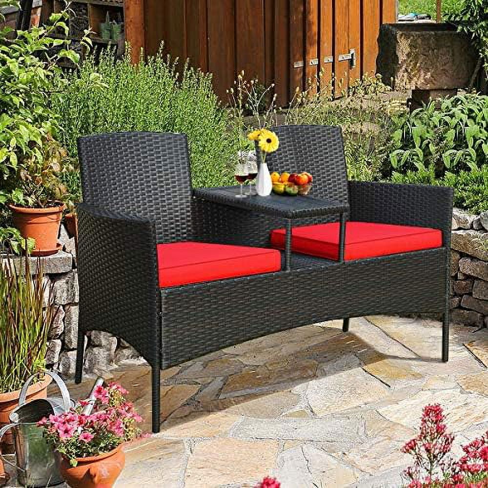 HYHBIBOOM Outdoor Patio Loveseat  Wicker Conversation Set with Cushions and Built-in Coffee Table  2 Person Rattan Seating for Garden Lawn Backyard  Dark Brown+Red - Curated Treasures Market