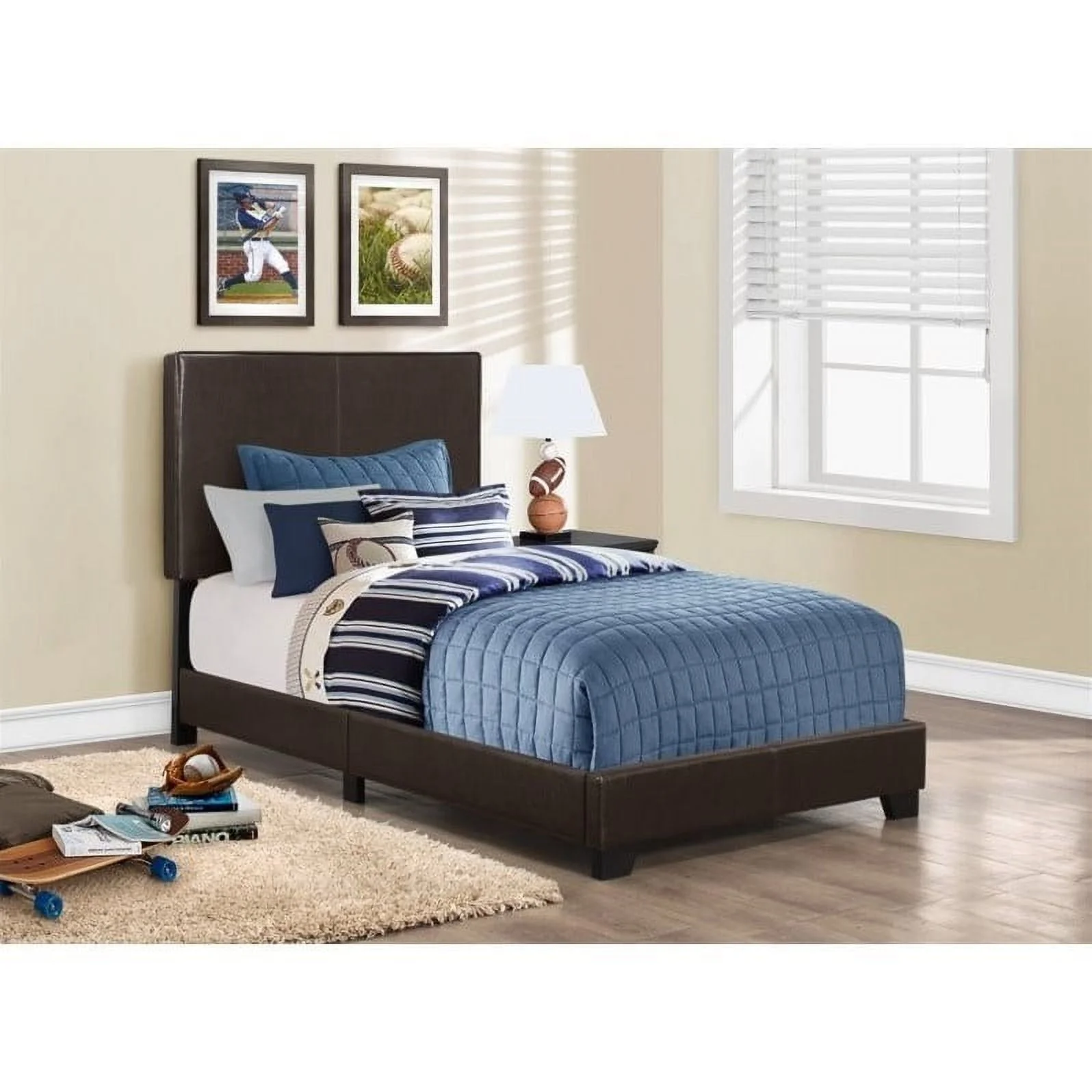 Pemberly Row Modern Leather Upholstered Twin Bed in Dark Brown