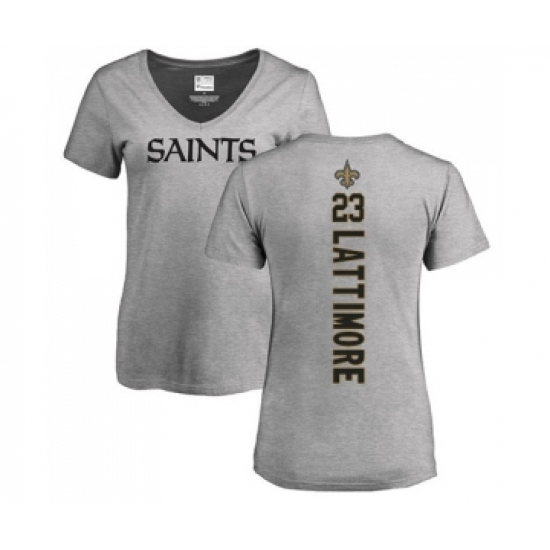 Football Women's New Orleans Saints #23 Marshon Lattimore Ash Backer V-Neck T-Shirt
