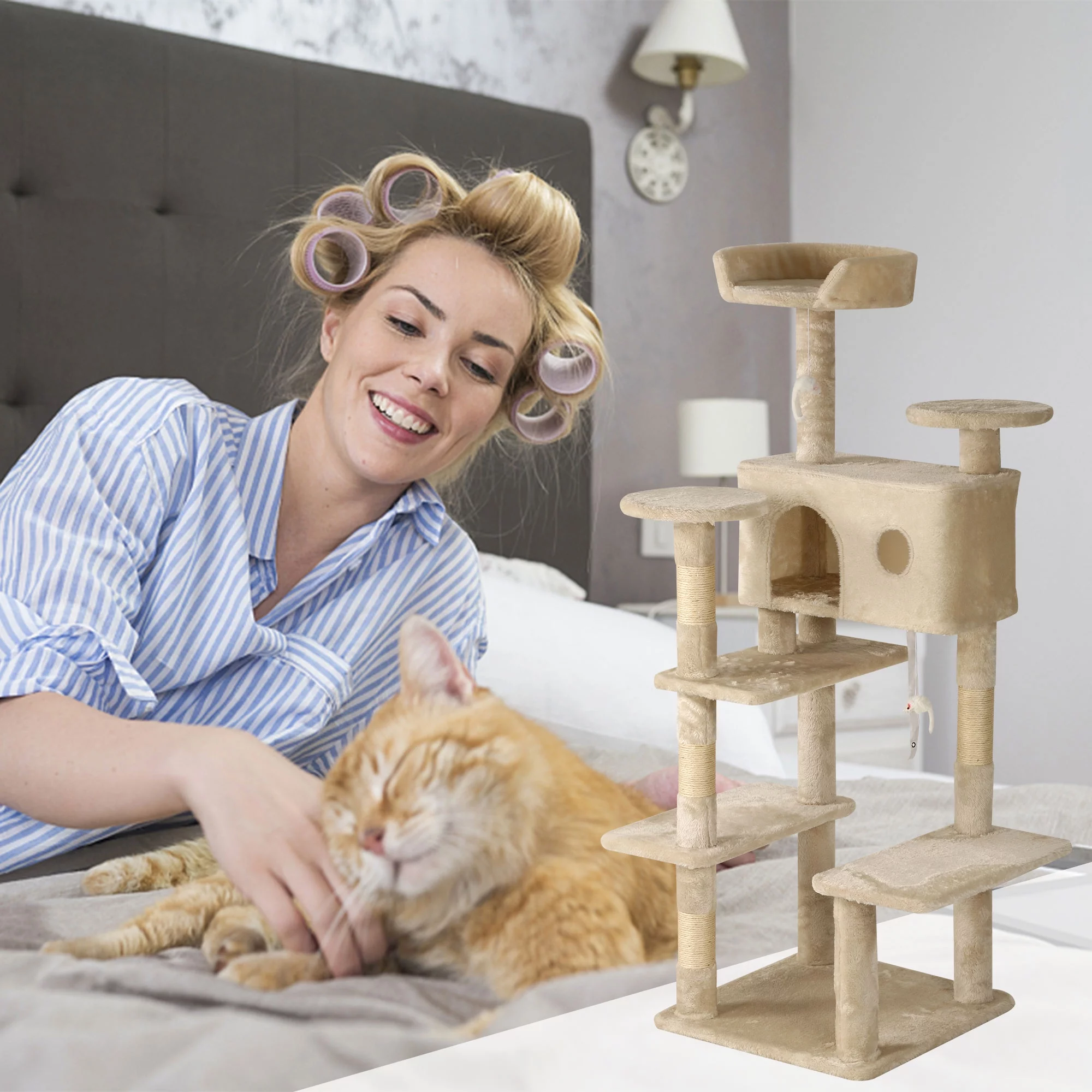 YRLLENSDAN 54in Cat Tree Tower with Cat Scratching Post,Multi-Level Cat Condo Cat Tree for Indoor Cats Stand House Furniture Kittens Activity Tower with Funny Toys for Kitty Pet Play House,Beige - Curated Treasures Market