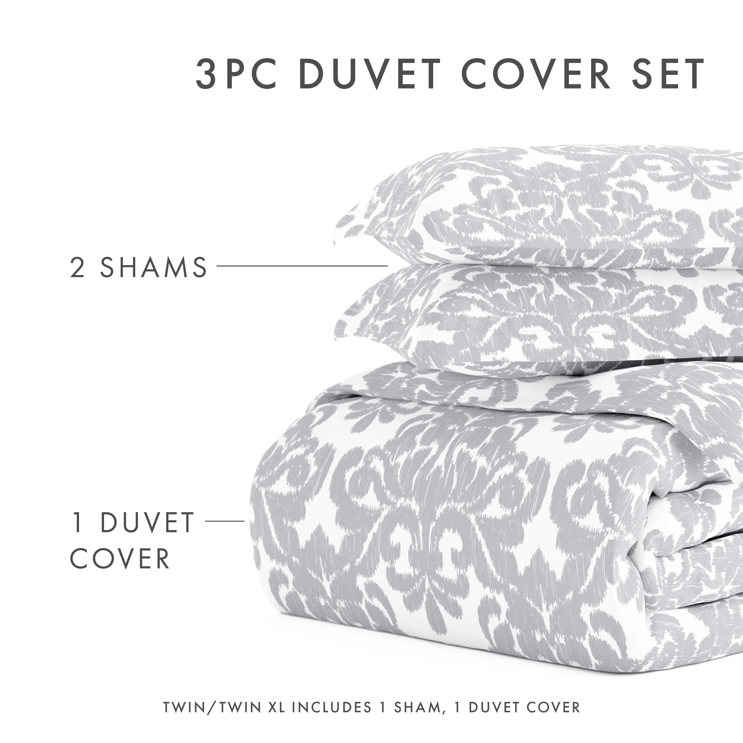 Noble Linens Light Gray Soft Damask Pattern 3-Piece Duvet Cover Set, Full/Queen - Curated Treasures Market