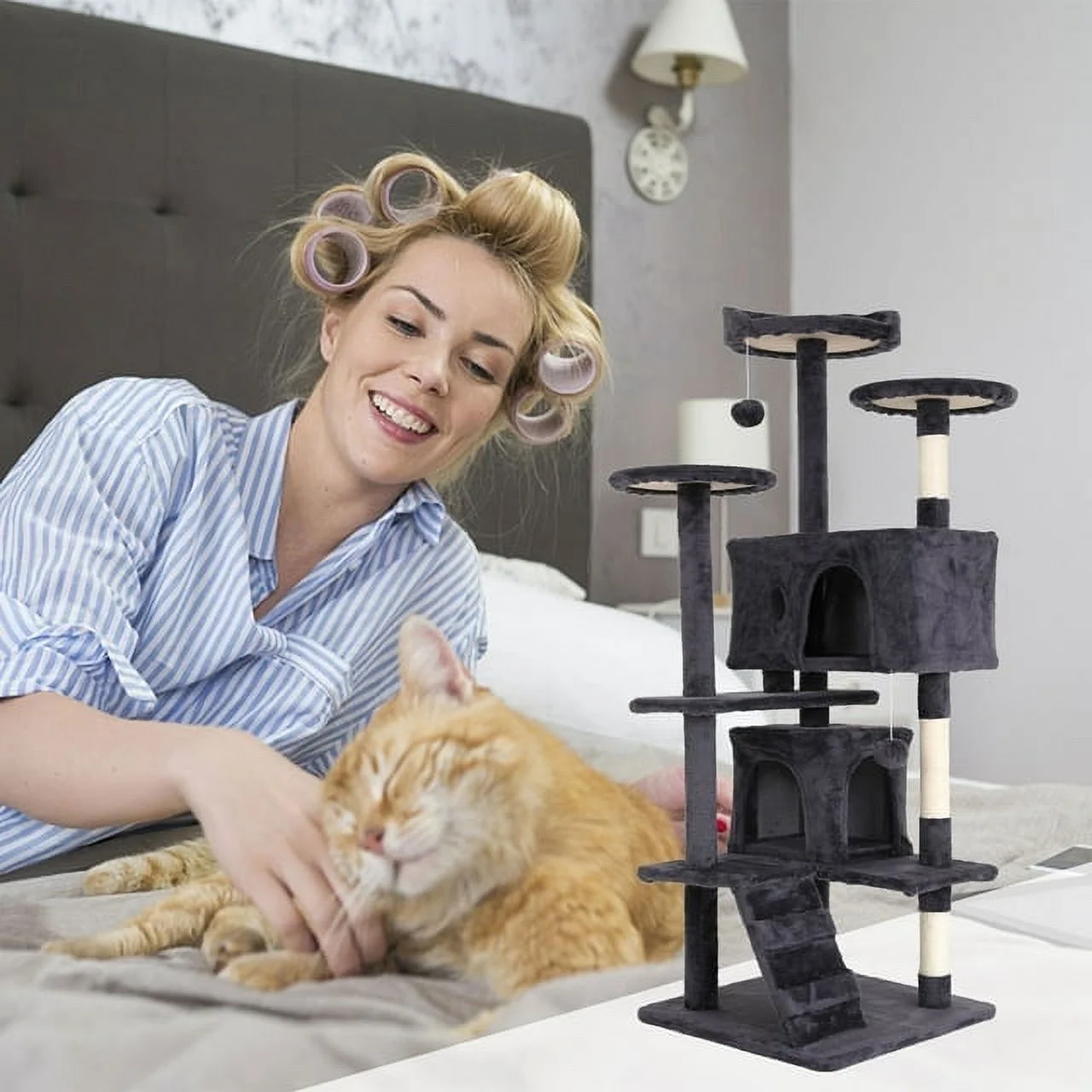 CL.HPAHKL 54In Cat Tree Tower for Large Cats, Cat Climbing Tower Cat Scratching Tree with Cat Scratching Stand, Big Cat Tree House Funny Toys for Kittens Pet(Ashy) - Curated Treasures Market