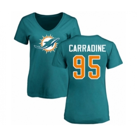 Football Women's Miami Dolphins #95 Tank Carradine Aqua Green Name & Number Logo T-Shirt