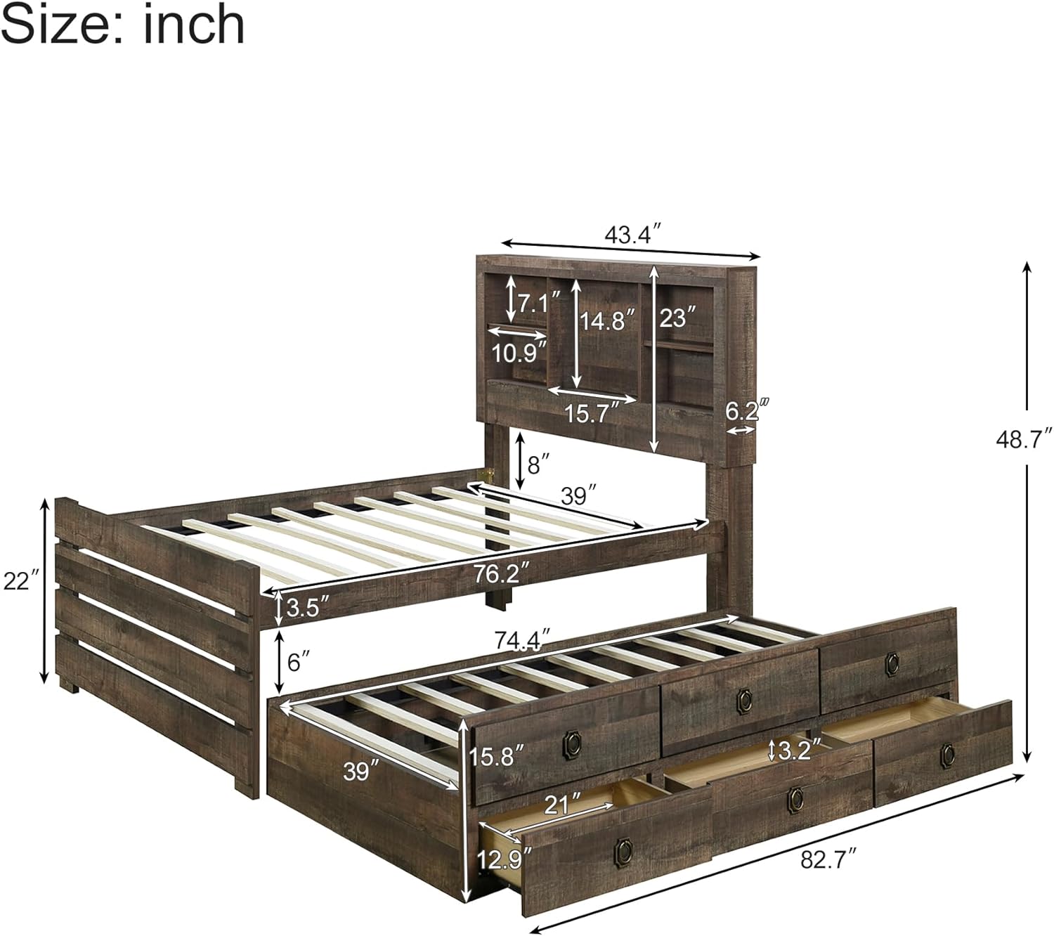 Farmhouse Style Twin Size Captain Platform Bed with Trundle,Wooden Bookcase Bedframe with 3 Spacious Under Bed Drawers in Casual for Bedroom/Guestroom - Curated Treasures Market