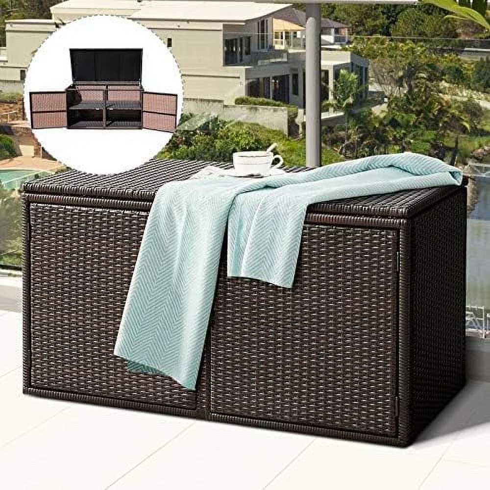 JYHOME Outdoor Wicker  Box  Garden Deck Bin with Steel Frame  Rattan Pool  Box with Lid  Ideal for Storing Tools  Accessories and Toys  88 Gallon Capacity (Black) - Curated Treasures Market