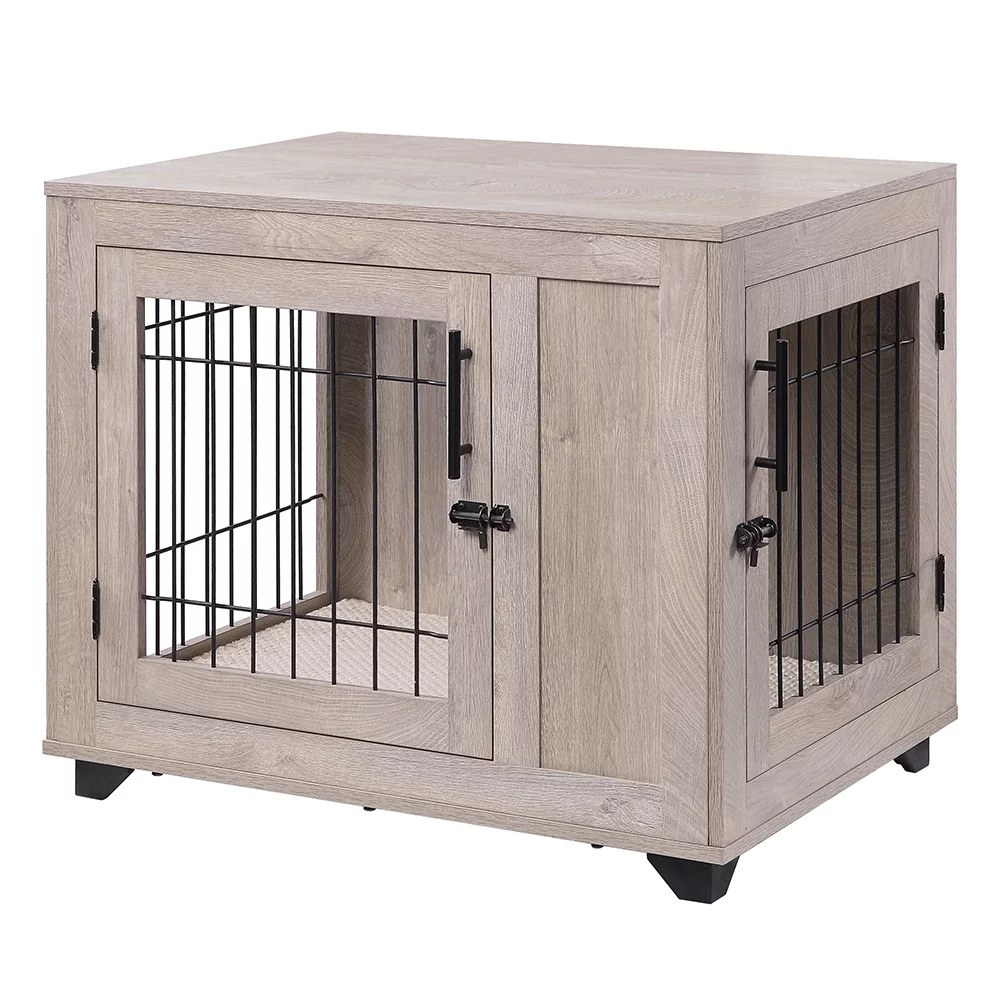 Unipaws Furniture Style Dog Crate, Wooden Wire Pet Kennels with Double Doors, Dog House Indoor Use, Weathered Gray - Curated Treasures Market