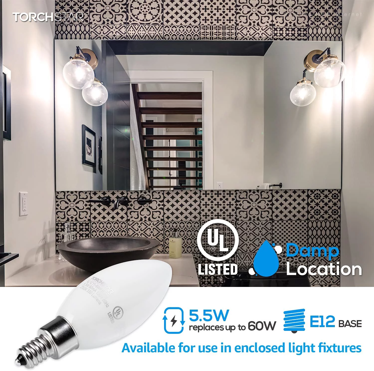 TORCHSTAR Dimmable E12 LED Candelabra Bulb, UL Listed, 60W Equivalent Chandelier Light Bulbs, 550LM, LED Filament Candle Bulb C11, Frosted Glass Ceiling Fan Light Bulbs, 4000K Cool White, Pack of 6