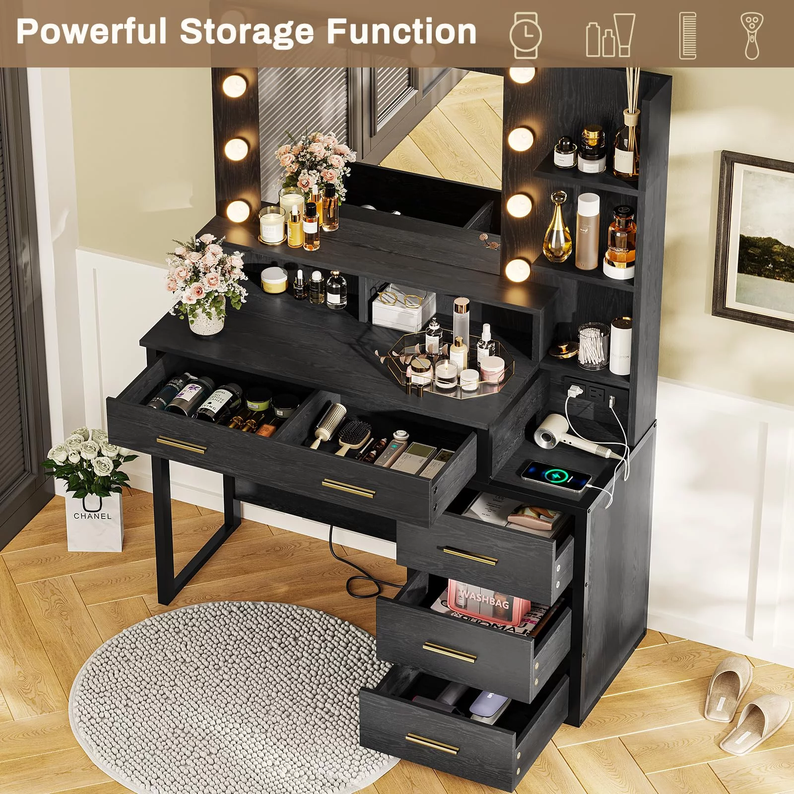Makeup Vanity with 10 Light Bulbs, Modern Vanity Desk with Mirror and 3 Lighting Modes, Vanity Table with 2 USB Ports and Outlets, Black - Curated Treasures Market