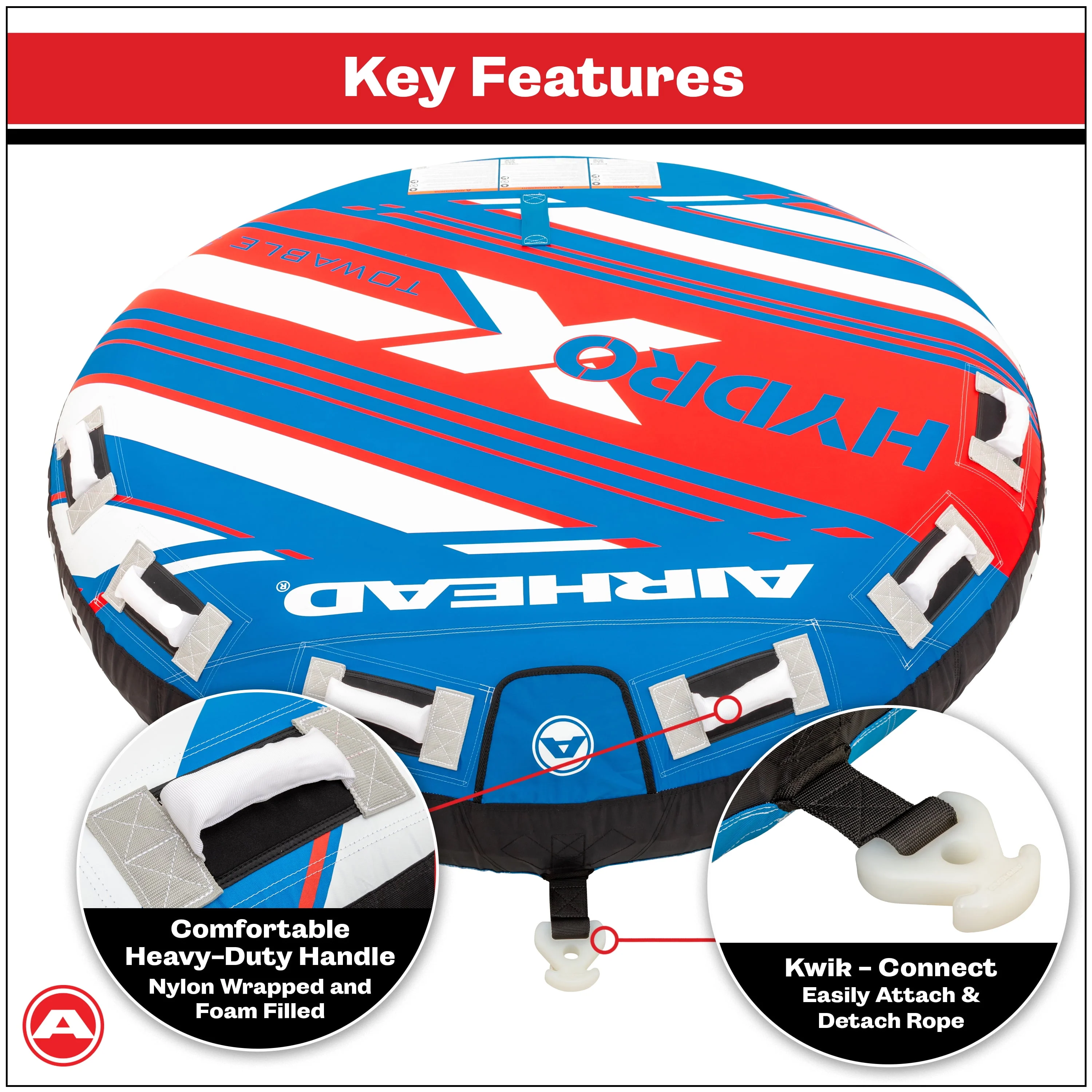 Airhead Hydro X 3 Person Towable Tube for Boating, Blue, White, & Red