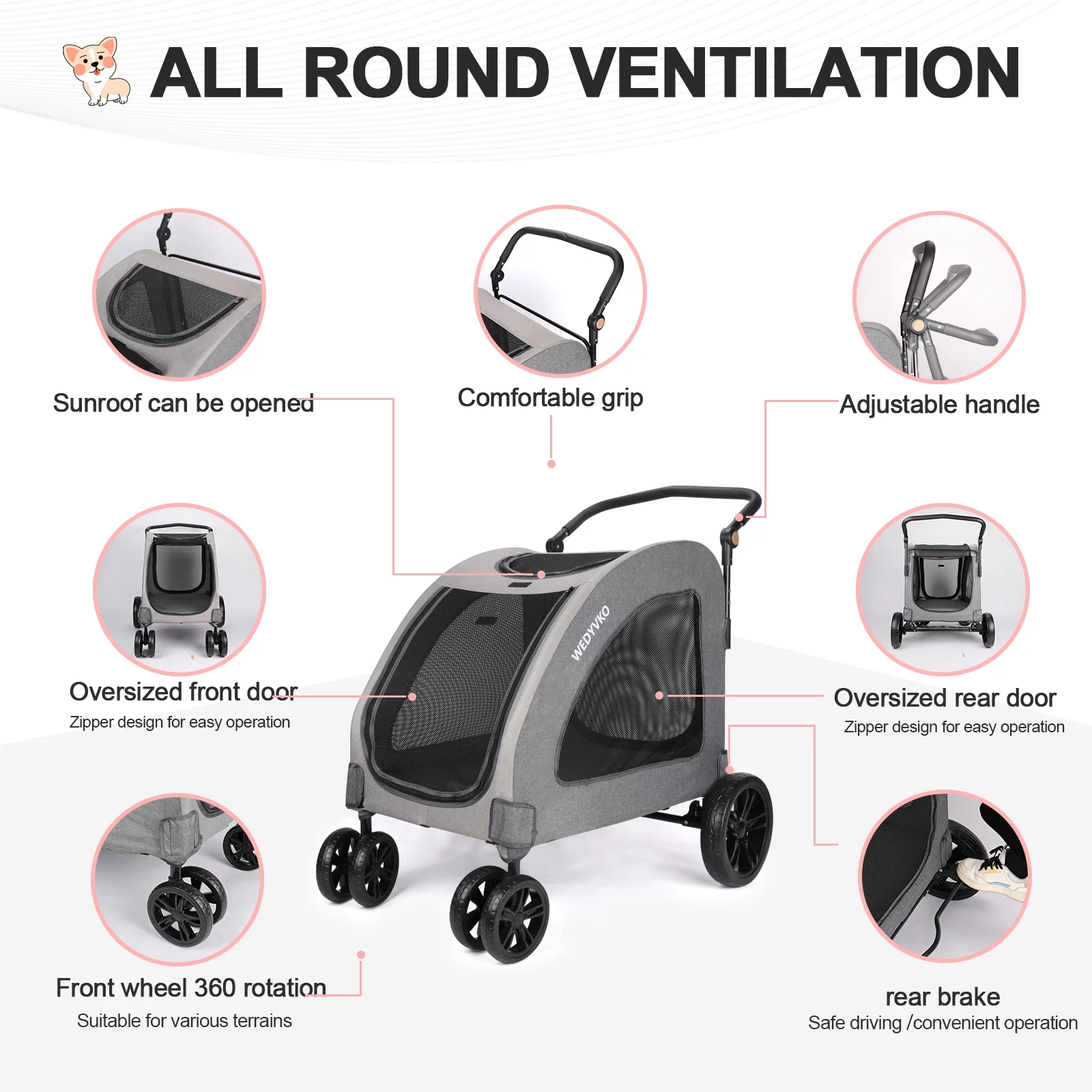 Wedyvko Dog Stroller for Medium Large Dogs - Foldable Jogger 4 Wheels Pet Stroller with Adjustable Handle for Small to Large Dogs and Other Pet Travel (Gray and Dark Gray) - Curated Treasures Market