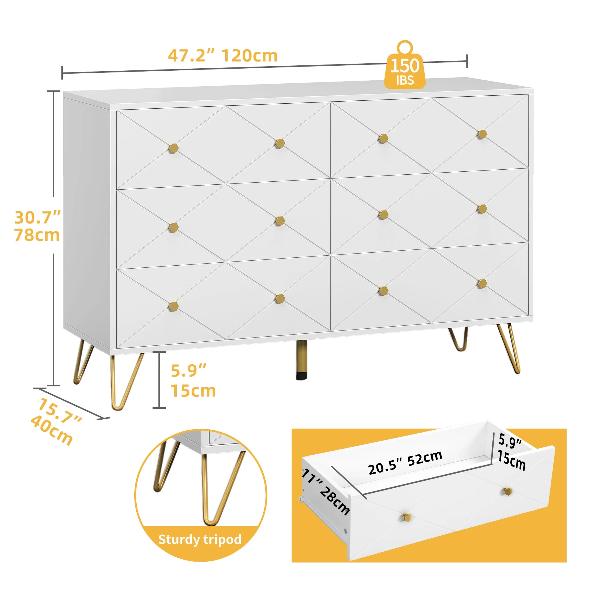 DWVO 6 Drawer White Dresser,47