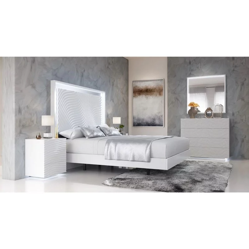Wave Modern 5-Piece Bedroom Set in White. King Size