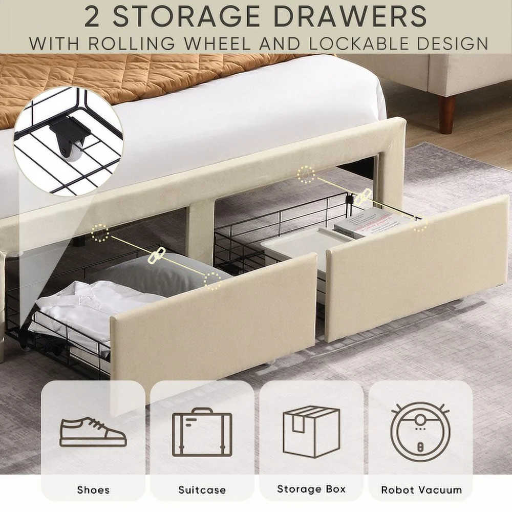 Full Size Bed Frame with 2 Storage Drawers. Upholstered Bed Frame with Wingback Headboard Storage Shelf Built-in USB Charging Stations and Strong Wood Slats Support. No Box Spring Needed. Beige