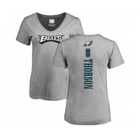 Women's Philadelphia Eagles #8 Clayton Thorson Ash Backer V-Neck T-Shirt