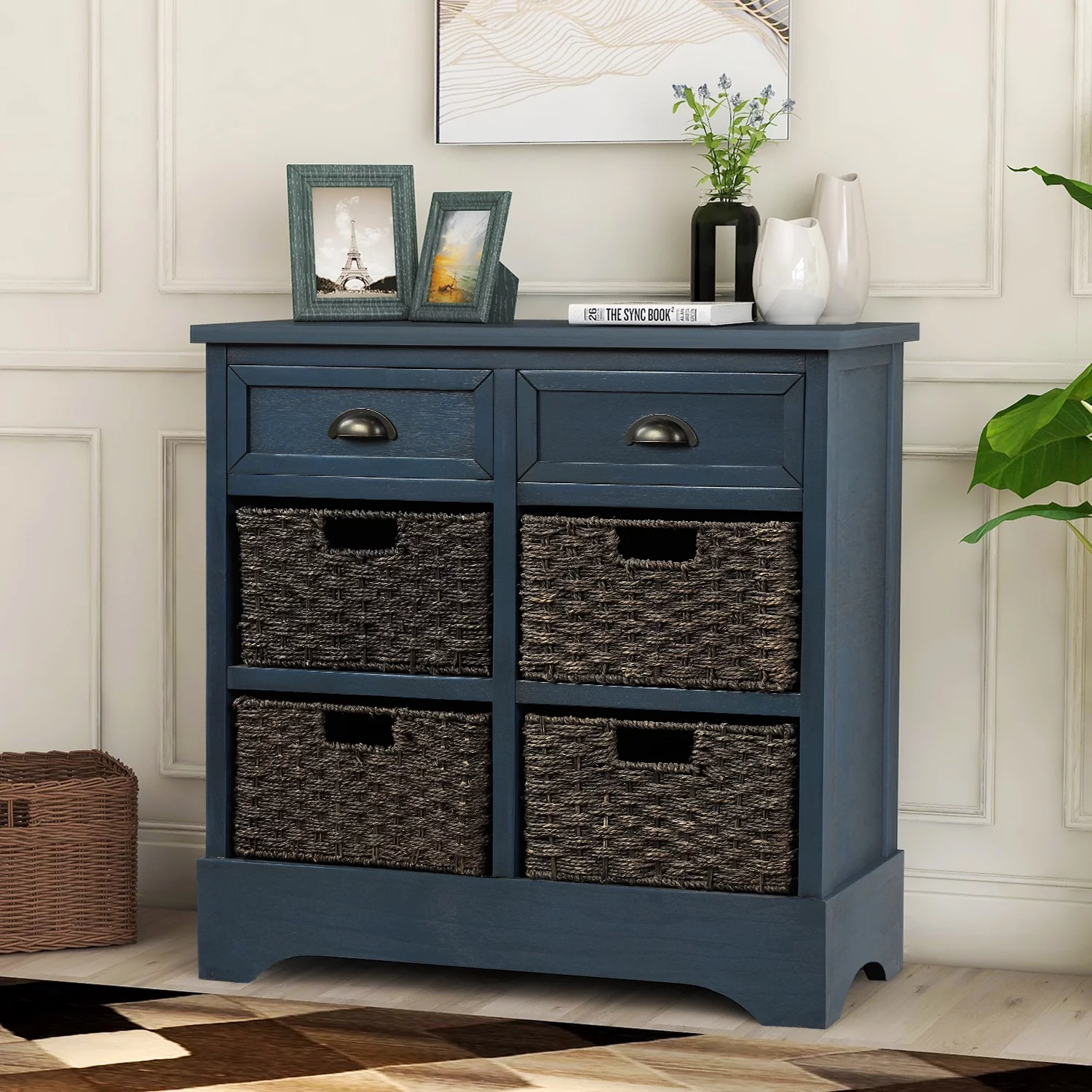 Rustic Storage Cabinet with Two Drawers and Four Classic Rattan Basket for Kitchen/Dining Room/Entryway/Living Room, Accent Furniture (Antique Navy) - Curated Treasures Market
