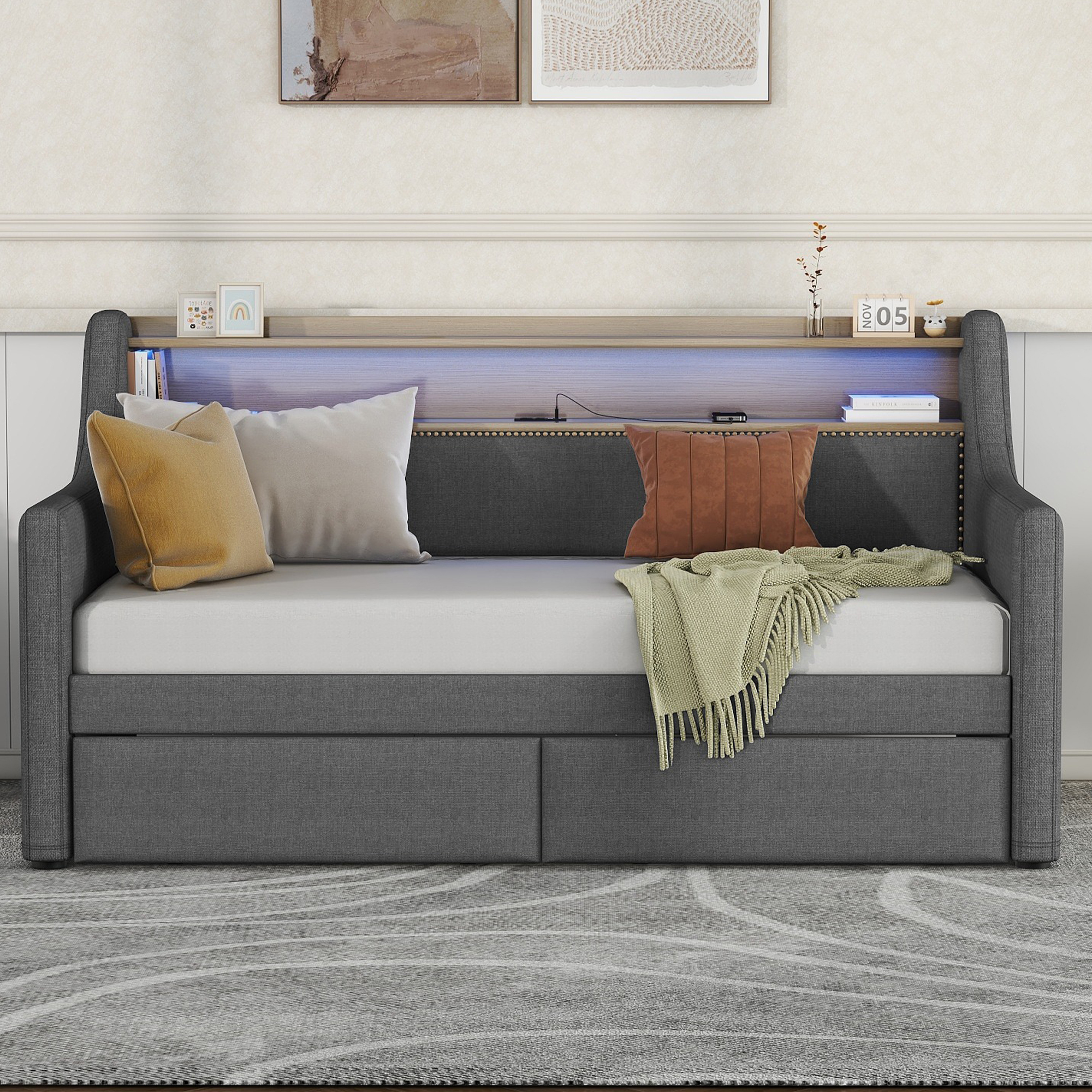 Gray Twin Daybed with Storage Drawers. Charging Station & LED Lights - Expected Arrival: Jan 10th. 2024