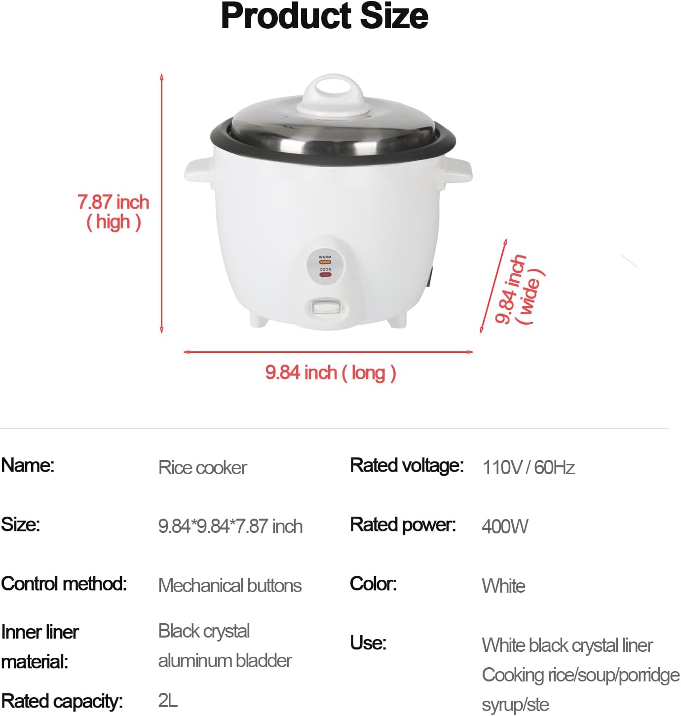 Mini Rice Cooker, Rice Cooker 2L, Small Removable Electric Rice Cooker for 3-4 people, Rice Cooker for White Rice, Brown Rice, Stew, Ramen, Porridge, Hot Pot, White
