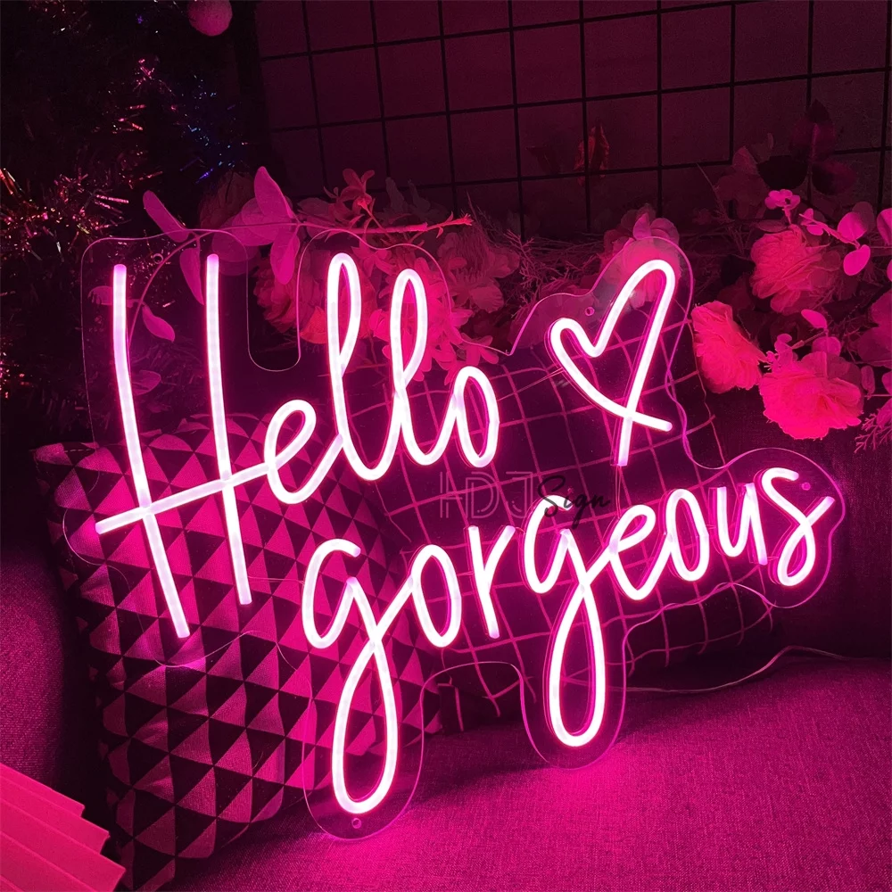 Hello Gorgeous Neon Sign, Pink LED Neon Light Letters Heart Decorative Wall Lights for Girls Room Wedding Anniversary Engagement Birthday Party (23.62x16.92inch) - Curated Treasures Market