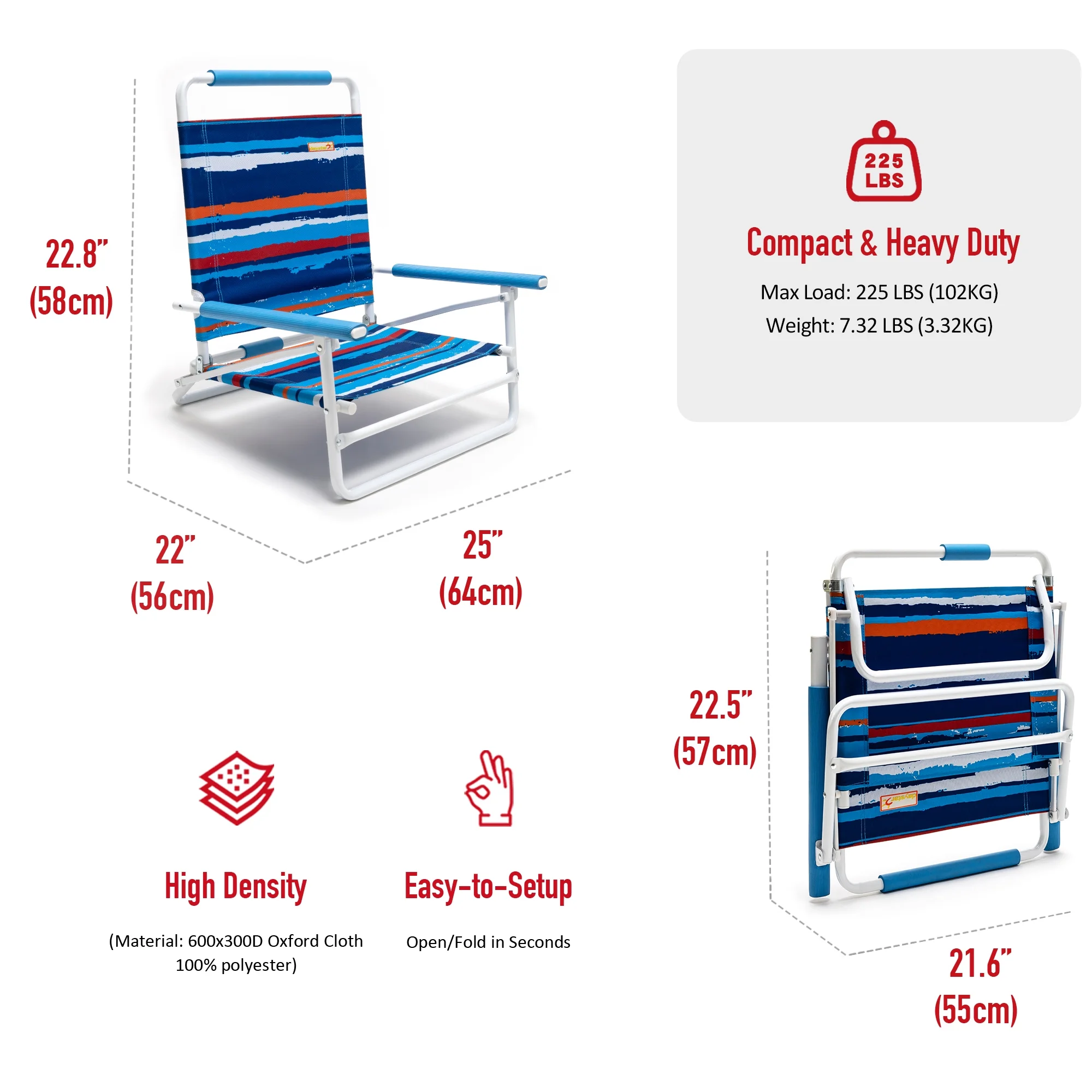 SunnyFeel Folding Beach Chair for Adults, ightweight Low Beach Chair with Armrest, High Back Beach Chairs Supports 300 lbs for Beach Lawn Concert(Blue Stripe) - Curated Treasures Market