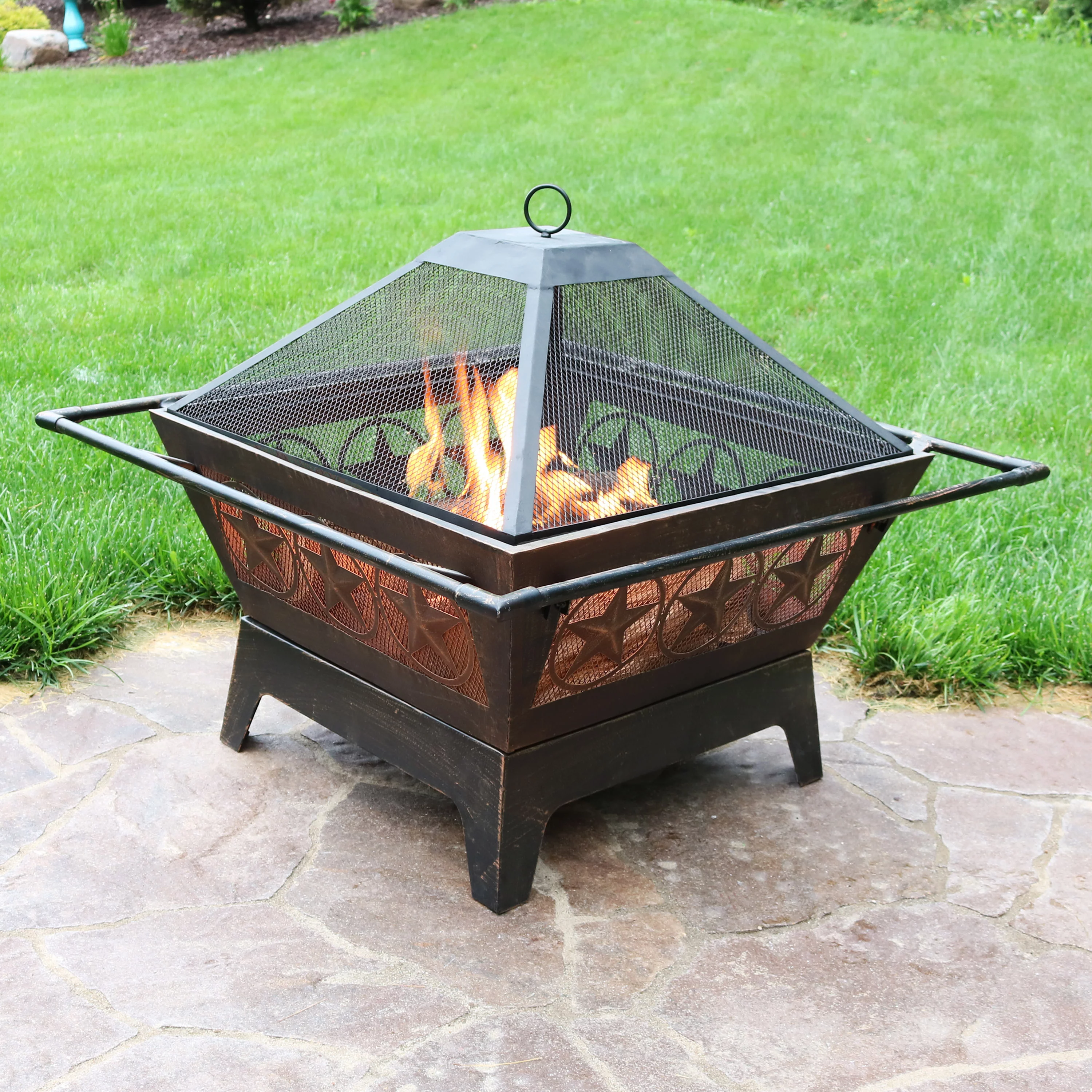Sunnydaze 32 Northern Galaxy Square Outdoor Fire Pit with Cooking Grate & Spark Screen