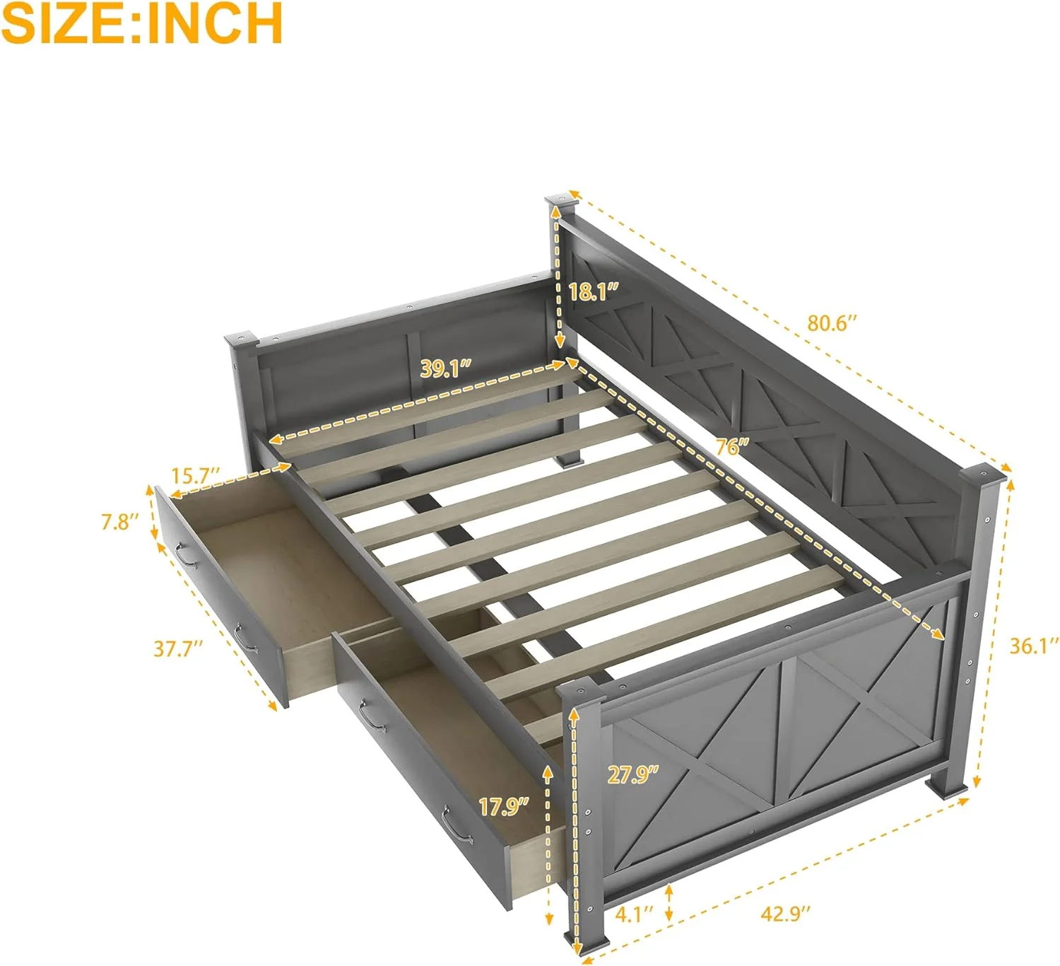 Daybed Frame With Drawer. Wood Daybed With Storage Drawers. Captain Sofa Bed For Kids(Grey)