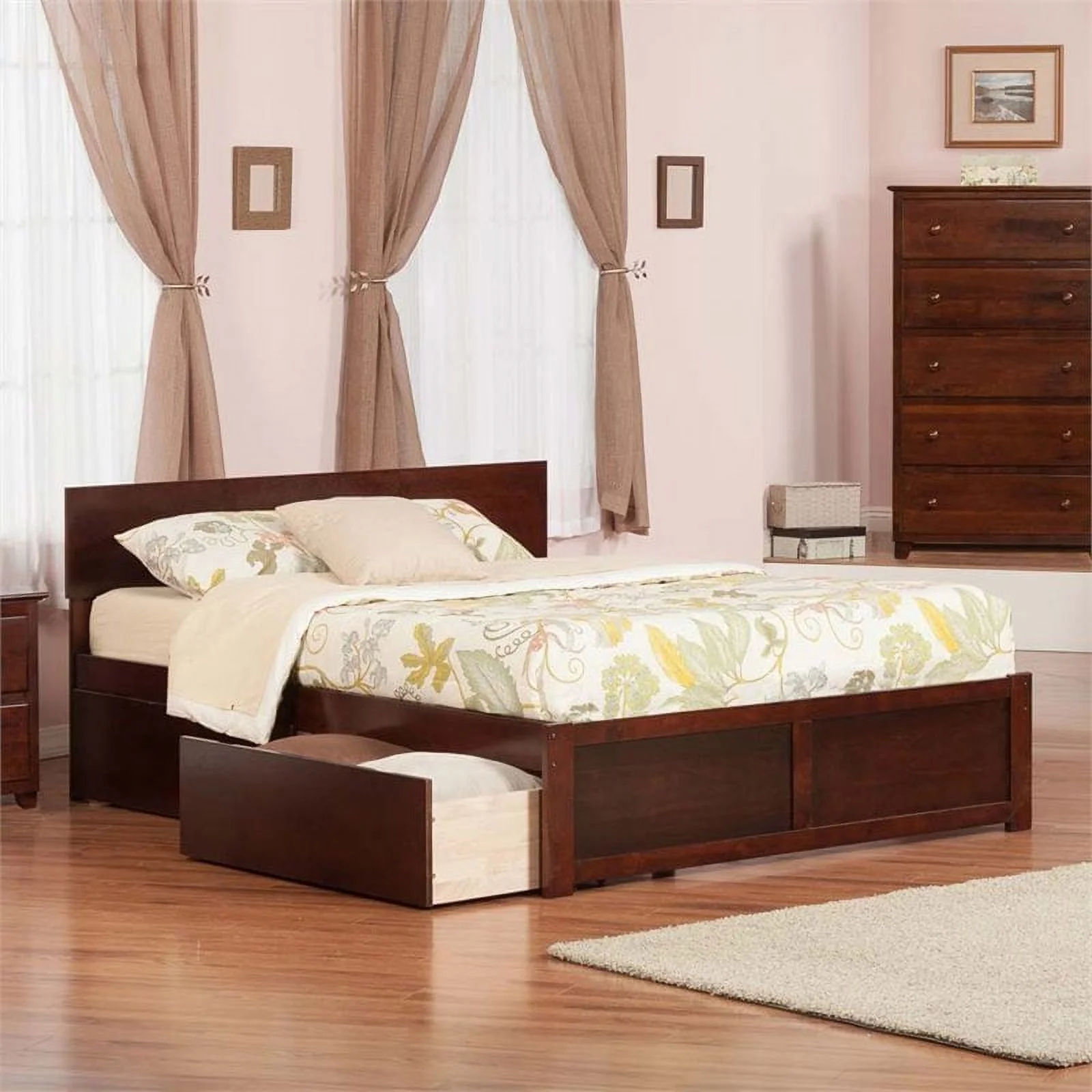 Pemberly Row Contemporary/Modern Hardwood Storage Platform Bed. King. Walnut