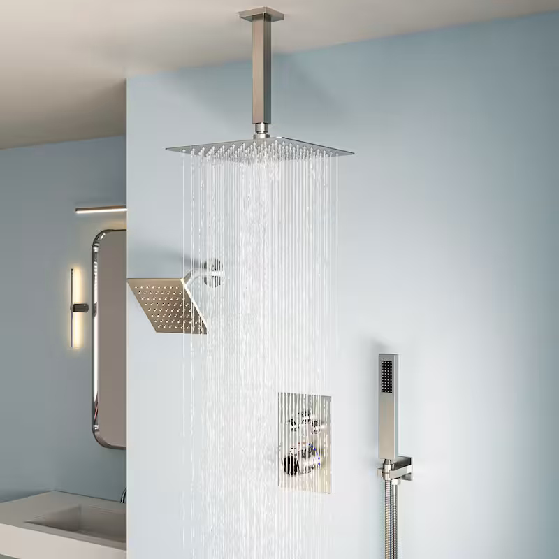 7-Spray Patterns Thermostatic 12 in., 6 in. Ceiling Mount 2.5 GPM Fixed and Handheld Shower Head in Brushed Nickel