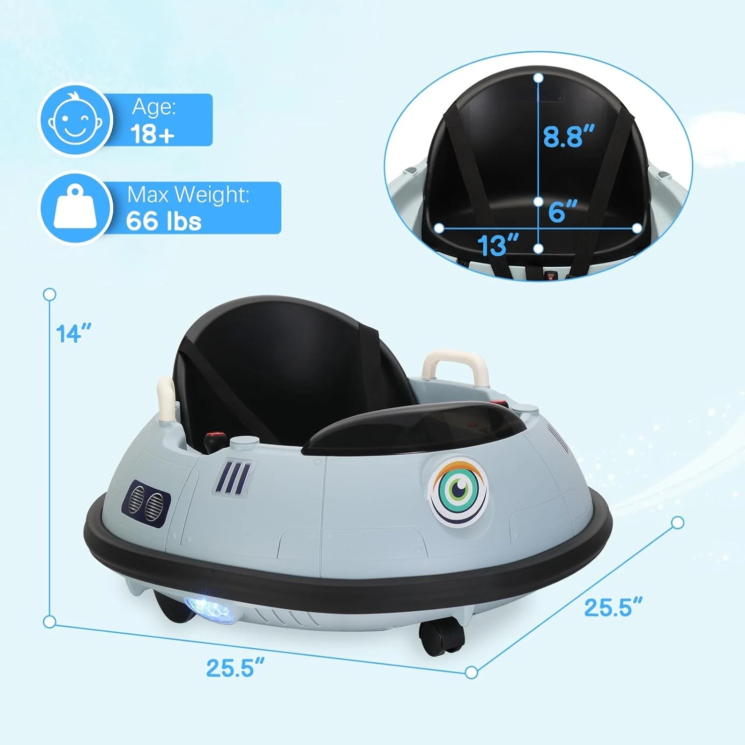 Electric Bumper Car for Kids & Toddlers, 12V Ride On UFO Bumping Toy Car Gifts, Manual and Remote Control, LED Lights, 360 Degree Spin (Grey) - Curated Treasures Market