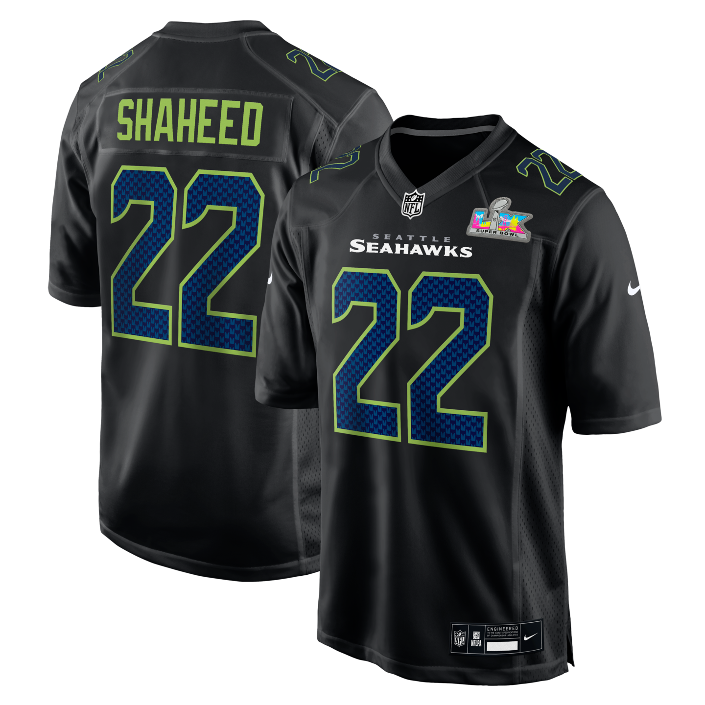 Men's Seattle Seahawks Rashid Shaheed Nike Black Super Bowl LX Patch Carbon Fashion Game Jersey