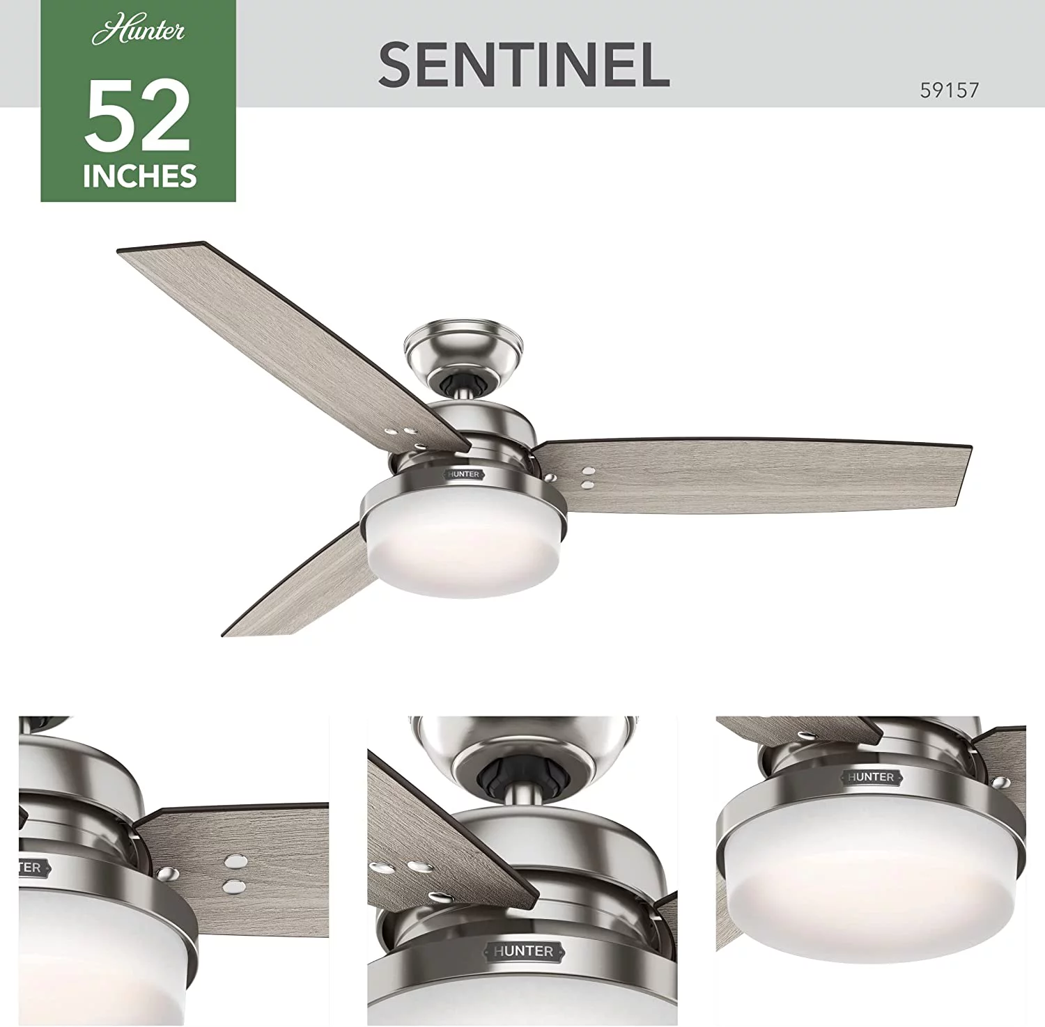 AUCHI Fan Company, 59157, 52 inch Sentinel Brushed Nickel Ceiling Fan with LED Light Kit and Handheld Remote - Curated Treasures Market