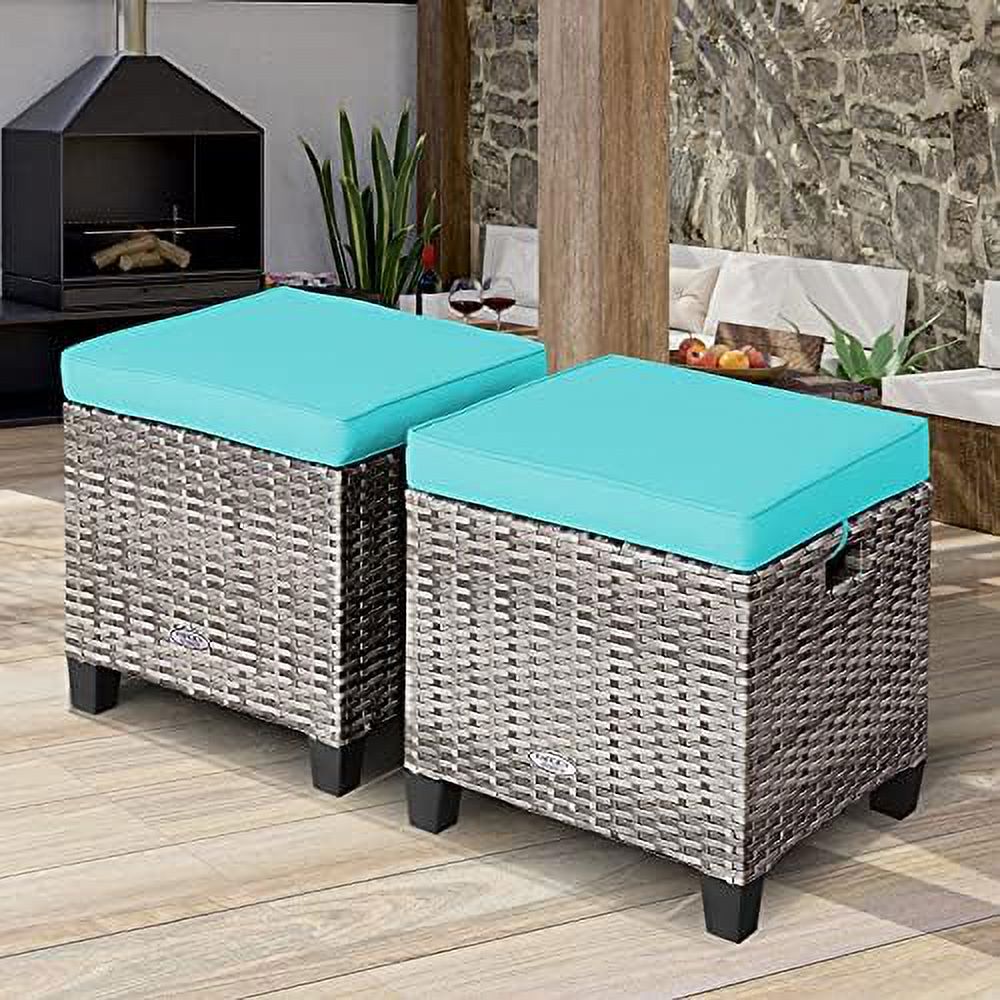 ZFGSUIJN 2 Pieces Outdoor Patio Ottoman  All Weather Rattan Wicker Ottoman Seat  Patio Rattan   Outdoor Footstool Footrest Seat w/Removable Cushions - Curated Treasures Market