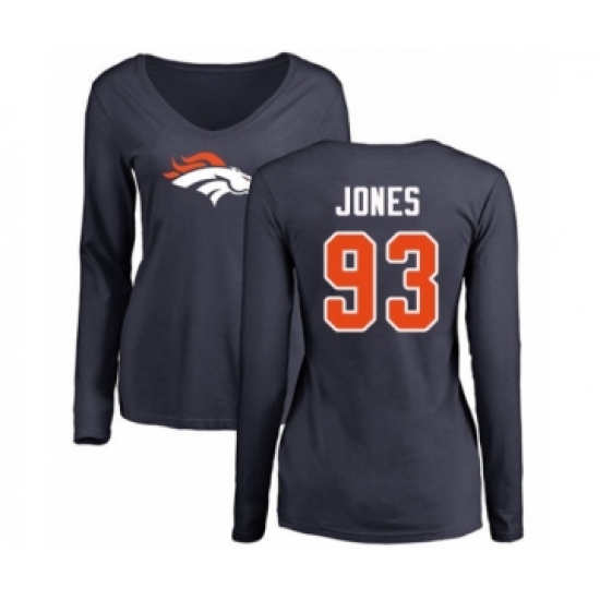 Football Women's Denver Broncos #93 Dre'Mont Jones Navy Blue Name & Number Logo Long Sleeve T-Shirt