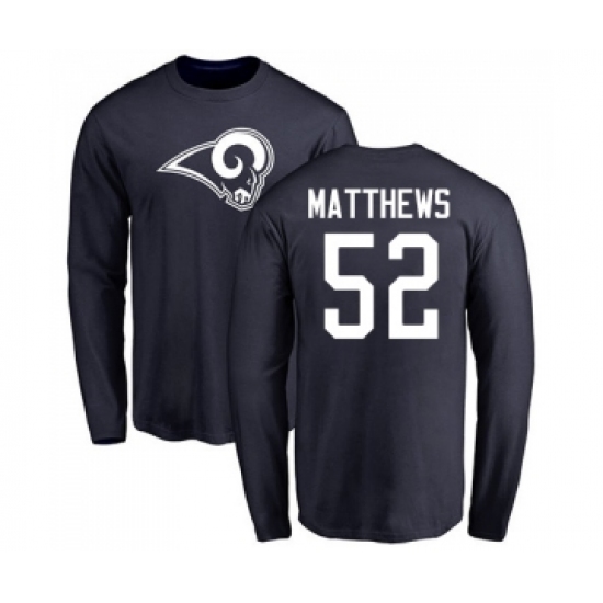 Football Los Angeles Rams #52 Clay Matthews Navy Blue Name & Number Logo Long Sleeve T-Shirt