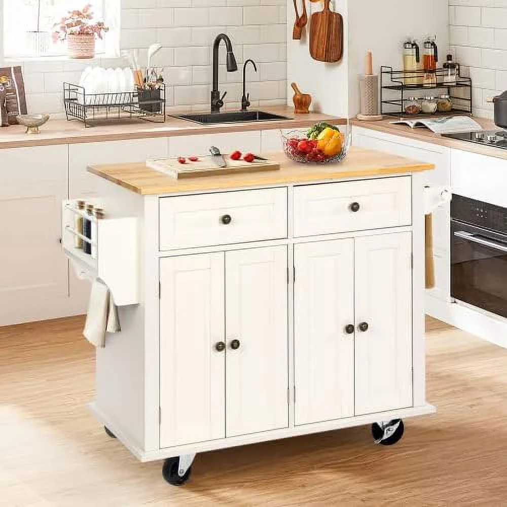 CHYRFCV 43" Kitchen Island with   Rolling Kitchen Cart with Lockable Wheels  Solid Wood Tabletop Kitchen Island Table for Kitchen  Living Room  White - Curated Treasures Market