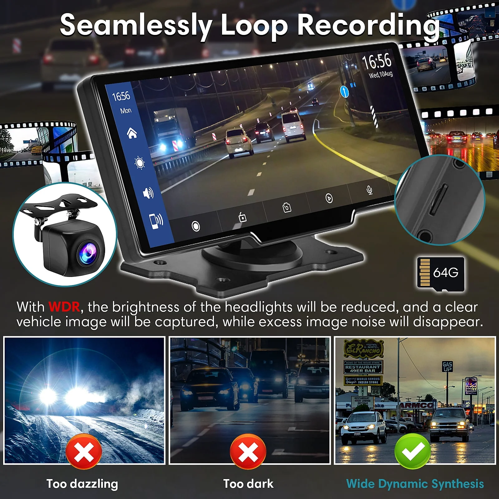 Wireless Carplay Screen for Car, 2.5K Dash Cam, 64G SD Card, Backup Camera, Bluetooth, GPS Navigation, Android Auto, 9.3 Portable Car Stereo