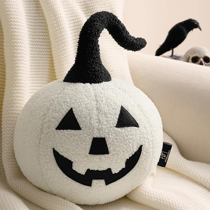 Phantoscope Happy Halloween Pumpkin Shaped Throw Pillow, Teddy Fleece Jack-o’-Lantern Pumpkin Pillow, Ultra Soft Sherpa Fall Decorative Halloween Cushion Pillow, Orange, 9.5 x 9.5 inches - Curated Treasures Market
