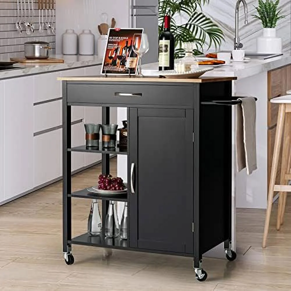 GVJMTKP Kitchen Island with   Rolling Kitchen Cart with Towel Rack   Drawer  and 3-Tier Open Shelves  Kitchen Island on Wheels with Rubber Wood Top  34.5 x 18.5 x 36.5 Inches (Black) - Curated Treasures Market